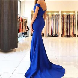 -Royal Blue Mermaid Prom Dresses lunghi elegante raso fuori dalla spalla telaio dell'arco semplice sweep treno formali abiti di sera del partito del vestito