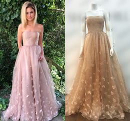 Rose Pink Strapless Prom Dresses Petal Tulle Organza Floor Length Brown Prom Dresses Formal Evening Dresses Zipper Up