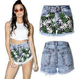 Girl's Print Leaf High Waist Stretch Snowflake Denim Cotton Shorts Hot Sale