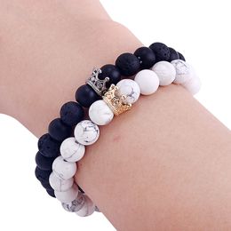 8mm Natural Stone Alloy Crown Beads Charms Couple Bracelets For Women Men Lovers White Black Lava Beaded Elastic Bangle