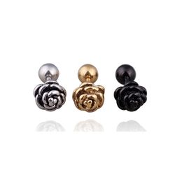 Gold Silver Black Rose Flowers Stud Earrings Stainless Steel Earrings Barbell Ball Ear Studs for Women Unisex Fashion Jewellery