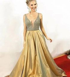 Gold Deep V neck Evening Prom Dress long A line Princess Designer Cheap Backless Taffeta Sequin Crystal Formal Pageant Dress Gowns