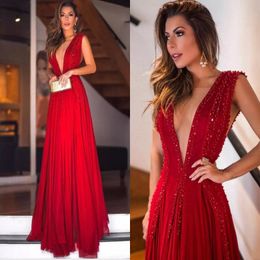 Red Prom Dresses Sexy Deep V Neck Chiffon Beading Sequins Special Occasion Dresses Evening Wear A Line Long Cocktail party Gowns Sleeveless