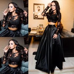 New Arrival Sexy Two Piece Black Lace Prom Dresses Jewel Neck Applique Backless Formal Dresses Evening Gowns vestidos de fiesta robes de bal