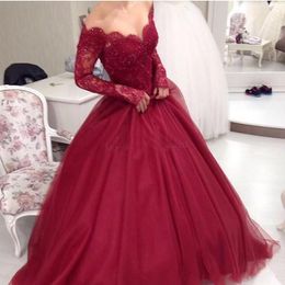 Elegant Burgundy Ball Gown Evening Dress Sheer Illusion Jewel Long Sleeves Lace Evening Gowns Custom Made Prom Dress