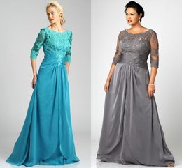 Popular Style Plus Size Grey Mother Of The Bride Dresses 3/4 Sleeve Scoop Neck Lace Chiffon Floor Length Formal Gowns Custom DH329
