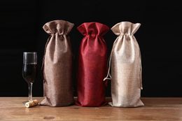 Jute Wine Bottle Bags 15cmX37cm Champagne Covers Linen Drawstring Christmas Wedding Party Gift Pouches Packaging SN1581