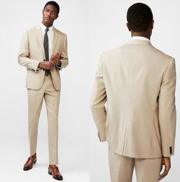 New Arrivals Two Buttons Beige Back Vent Groom Tuxedos Notch Lapel Groomsmen Mens Wedding Party Suits (Jacket+Pants+Tie) D:398