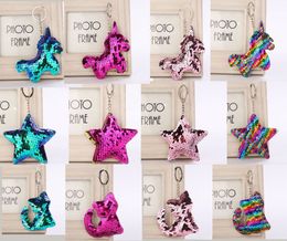 36PCS Star Unicorn Cat Keychain Glitter Pompom Sequins Key Chain Gifts for Women Llaveros Mujer Car Bag Accessories Key Ring