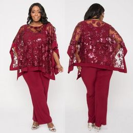 Burgundy Lace Sequined Mother Of The Bride Pant Suits Jewel Neck Formal Wedding Guest Dress With Wape Plus Size Mothers Groom Dresses