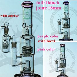 Hitman New design double recycler bong 16" inches Two functions water pipe hot sell oil rig pink purple colorfull dabglass pipe