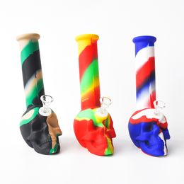 Hot 8.7 Inch Tall Skull Silicone Water Pipe Multi color Silicone Bong with silicone downstem and glass bowl free shipping