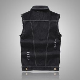 Plus Size Ripped Black Denim Vest Mens Slim Fit Male Jeans Sleeveless Jacket Tank Top Cowboy Brand 5XL Armhole Style1245I