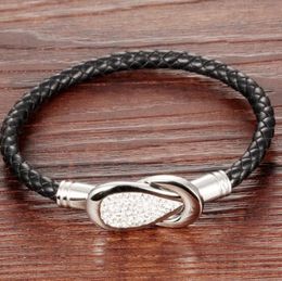 Titanium Stainless Steel CZ Rope Bangle Bracelet Punk Men Braided Leather Bracelet Wholesale Black High-grade Bangle Jewelry