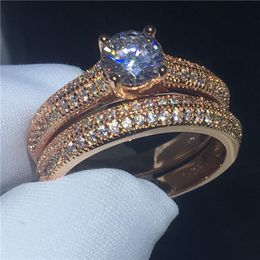 Fashion Lady Genuine 925 Sterling silver ring Rose Gold color 5A Cz Stone Engagement wedding band ring for women Bridal sets