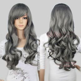 Sexy Fashion 2018 Long Grey Wig Side Bang Curls Wave Hair Synthetic Cosplay Wig