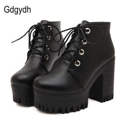 Gdgydh Brand Designers 2018 New Spring Autumn Women Shoes Black High Heels Boots Lacing Platform Ankle Boots Chunky Size 35-39