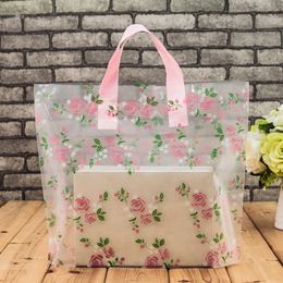 Clear Plastic Shopping Carrier Bags with Handle Gift Boutique Packaging Floral Rose Printed Large Cute 5 Sizes LZ1177