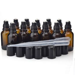 12 X 15ml Amber Glass Roll on Bottle Vials with stainless steel roller ball black cap lid for perfume essential oil aromatherapy