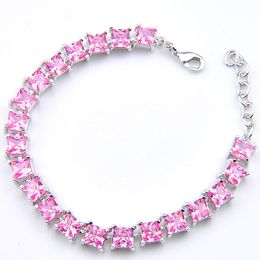 Wholesale Square Cut Pink Kunzite Gem 925 Silver Charm Bracelet For Women Wedding Gift Cz Tennis Zircon Bracelet 8 inch Lovers