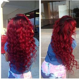 High Quality Long loose deep Curly Wigs Heat Resistant Glueless dark roots ombre red Colour Synthetic Lace Front Wigs for Black Women