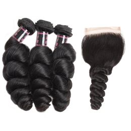 Ishow Brazilian Loose & Waterwave Human Hair Bundles With Closure Peruvian Unprocessed Virgin Weaves Extensions for Women All Ages Natural Colour