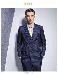 Double Breasted Dark Blue Stripes Groom Tuxedos Best Men Formal Suits Men Wear Wedding Prom Dinner Suits Custom Made(Jacket+Pants+Tie )NO;88