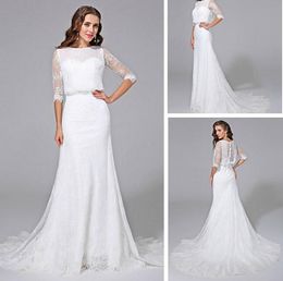 High Quality Bridal Wedding Gown Vintage Scoop Neck Court Train Zipper Back Half Sleeves Lace Satin Mermaid Wedding Dress with Beading