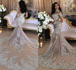 Luxurious Evening Dresses Wear High Neck Sheer Long Sleeves Lace Appliques Crystal Beaded Court Train Prom Gowns Plus Size Party Dress