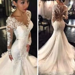 New Gorgeous Lace Wedding Dresses Dubai African Arabic Style Petite Long Sleeve Fishtail Custom Made Bridal Gown with Buttons Plus Size