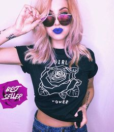 Fashion New GIRL POWER Letters Print Women T Shirt Big Rose Flower Printing Sexy Short Sleeve Tops T-shirt Size XS-2XL