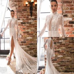 elihav sasson mermaid wedding dresses high neck side split long sleeves bridal gowns lace appliqued beads vestido de noiva