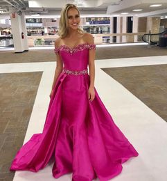 Off The Shoulder Mermaid Evening Dresses Crystal Beading Satin Floor Length Purple Formal Prom Dresses Pageant Party Gowns