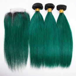 Black and Dark Green Ombre Brazilian Human Hair Weaves with Top Closure Straight #1B/Green Ombre Virgin Hair 3Bundles with 4x4 Lace Closure
