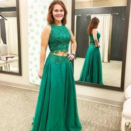 Cheap High Quality Prom Dresses Two-piece Jewel Neck Sleeveless Vintage Lace Crop Top Chiffon Skirt Long Formal Evening Party Gowns Custom