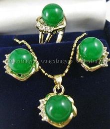10mm Green Jades Earrings Ring & Necklace Pendant Set * plated watch wholesale Quartz stone CZ crystal