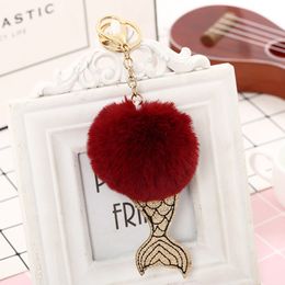 New Pompom Fur Car Keychain Mermaid Rabbit Fur Ball Key Chain Fluffly Pompon Key Ring Bag Charm Car Interior Decoration