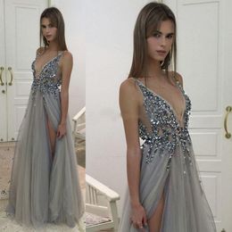 Shinning Sexy Prom Dresses Side Split Sequins Beading Deep V Neck Cocktail Dresses Evening Wear Tulle Backless Party Gowns