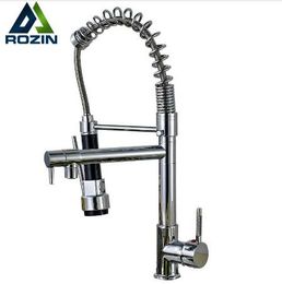 Chrome Spring Pull Down Kitchen Faucet Dual Spouts 360 Swivel Handheld Shower Kitchen Mixer Crane Hot Cold 2 Outlet Spring Taps