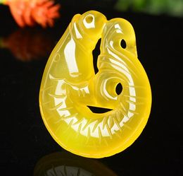 Natural authentic ice through agate chalcedony carved The yellow chalcedony agate fish pendant double sid Natural jade Pendant Lucky Amulet