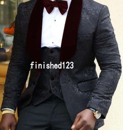 Fashionable One Button Black Groom Tuxedos Shawl Wine Lapel Groomsmen Best Man Suits Mens Wedding Suits (Jacket+Pants+Vest+Tie) NO:1011