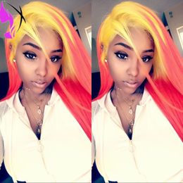 Hot 180% Density two tone color yellow pink wig simulition human hair wig Glueless Synthetic Ombre Lace Front Wigs For Women