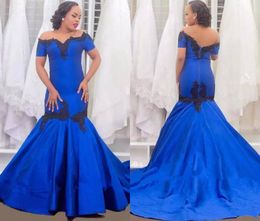 Royal Blue Mermaid Evening Dresses with Appliques Off Shoulder Short Sleeves Sweep Train Formal Dress Prom Party Gowns Plus Size Gowns