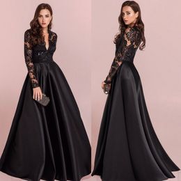 Hot Sale Black Lace Prom Dresses With Long Sleeves V Neck Sequined Evening Gowns Vestidos De Fiesta Floor Length Satin Formal Dress