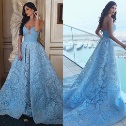 Light Blue Spaghetti Prom Dress Full Lace Applique Hollow Chest Backless Formal Customized Party Evening Dresses