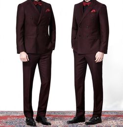 Brand New Burgundy 2 Piece Suit Men Wedding Tuxdos High Quality Groom Tuxedos Peak Lapel Double-Breasted Men Blazer(Jacket+Pants+Tie) 1312