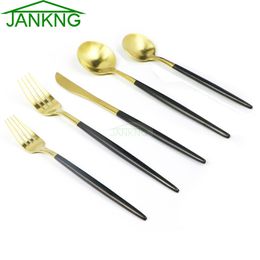 JANKNG 20-Piece Dinnerware Service for 4 Rose Gold Black 304 Stainless Steel Cutlery Knife Fork Silverware Dinner Tableware