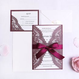 New Burgundy Laser Cut Wedding Invitation Cards Kits with Ribbons + RSVP Cards For Bridal Shower Engagement Baby Shower Graduation Cardstock