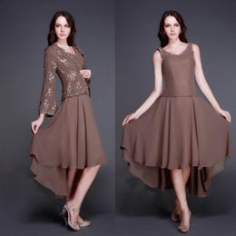 Elegant Brown High Low Mother Of The Bride Dresses With Jackets Sequined Jewel Neck Evening Gowns Appliqued Chiffon Wedding Guest Dress