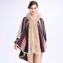 New Autumn Winter Women's Stripe Loose Hooded Poncho Knitwear Faux Fur Collar Cardigan Shawl Cape Cloak Outwear Coat C3658